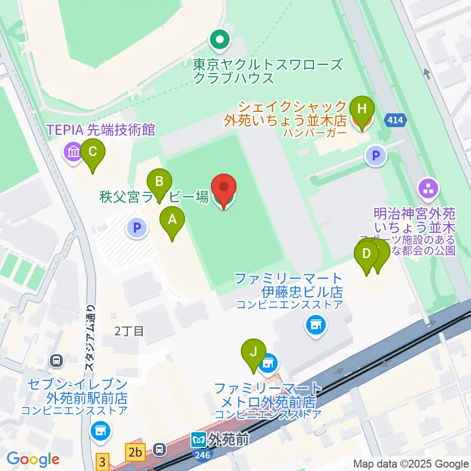 秩父宮ラグビー場周辺のファミレス・ファーストフード一覧地図