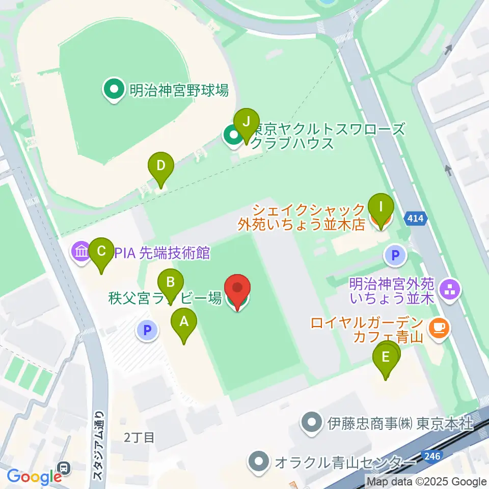 秩父宮ラグビー場周辺のファミレス・ファーストフード一覧地図