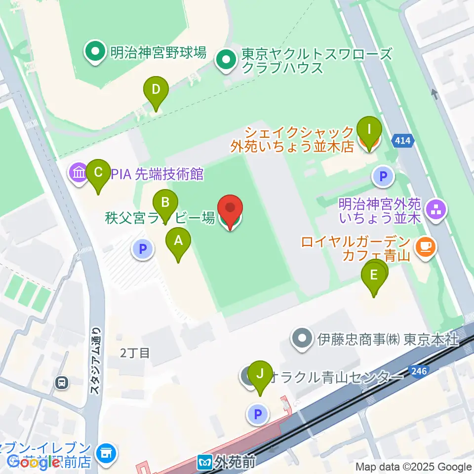 秩父宮ラグビー場周辺のファミレス・ファーストフード一覧地図