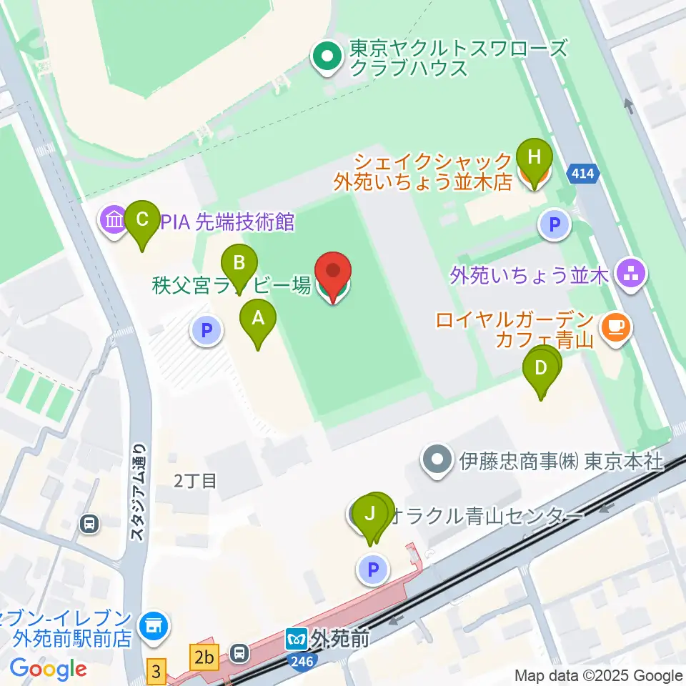 秩父宮ラグビー場周辺のファミレス・ファーストフード一覧地図