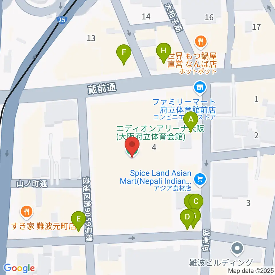 エディオンアリーナ大阪周辺のファミレス・ファーストフード一覧地図