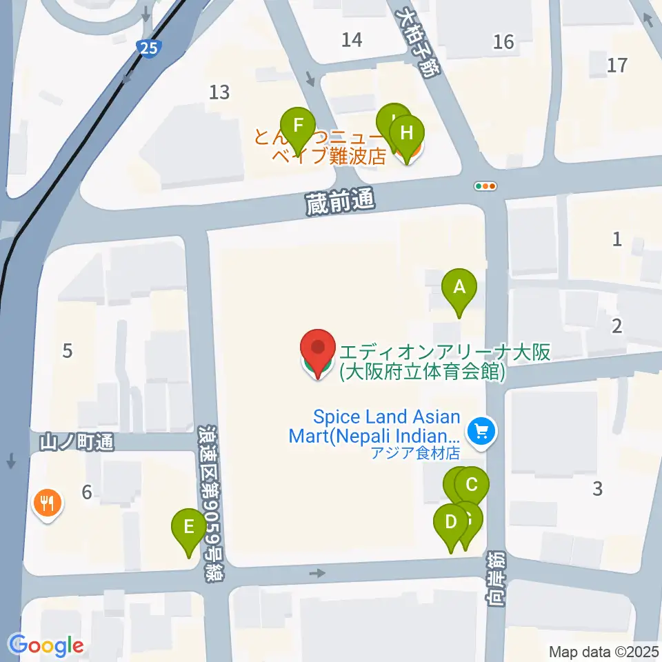 エディオンアリーナ大阪周辺のファミレス・ファーストフード一覧地図