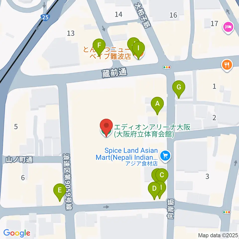 エディオンアリーナ大阪周辺のファミレス・ファーストフード一覧地図