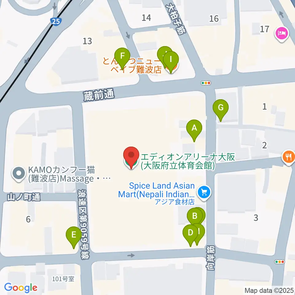 エディオンアリーナ大阪周辺のファミレス・ファーストフード一覧地図