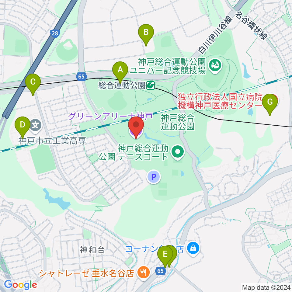 グリーンアリーナ神戸周辺のファミレス・ファーストフード一覧地図