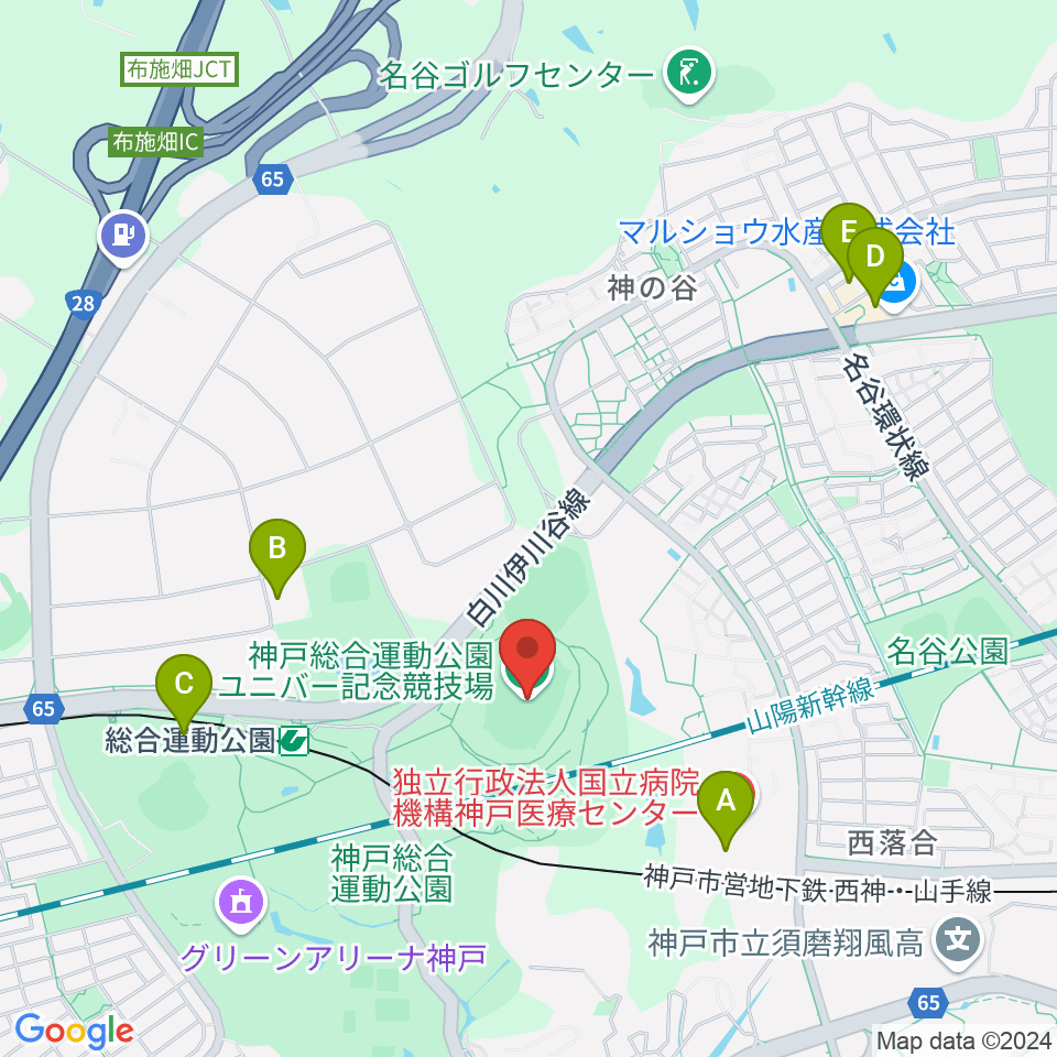 神戸総合運動公園ユニバー記念競技場周辺のファミレス・ファーストフード一覧地図