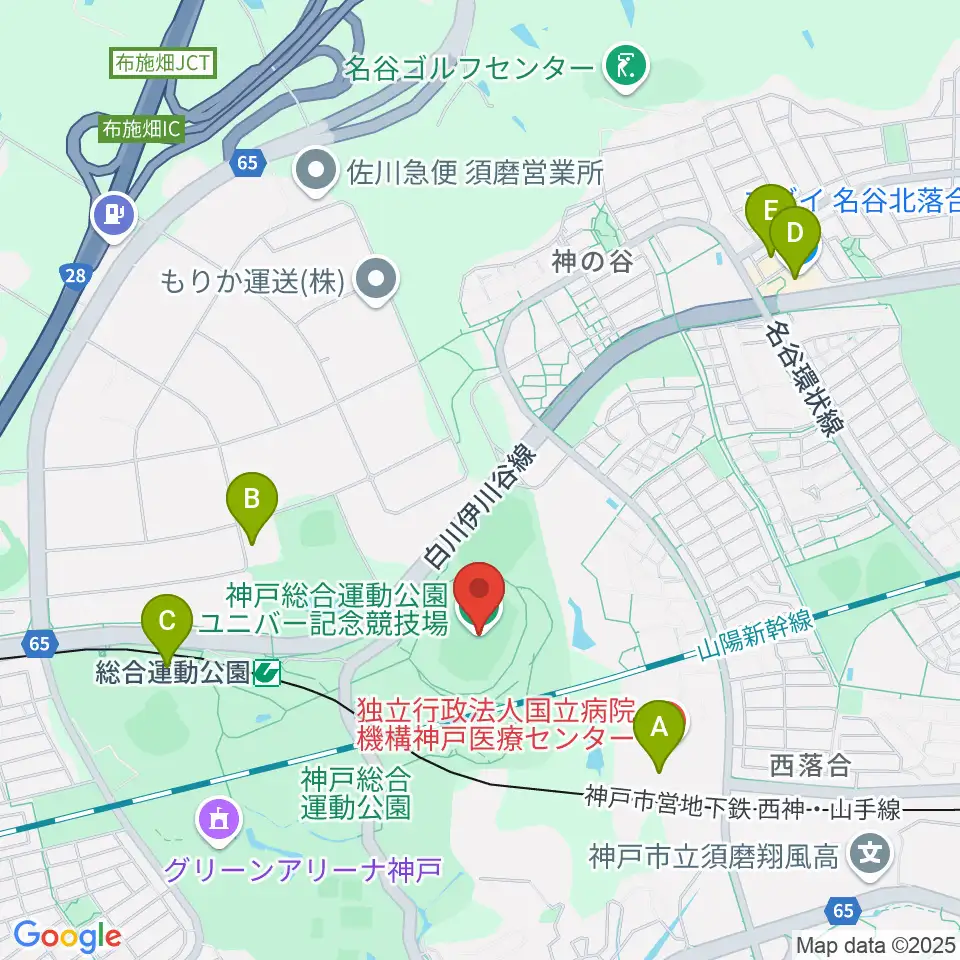 神戸総合運動公園ユニバー記念競技場周辺のファミレス・ファーストフード一覧地図