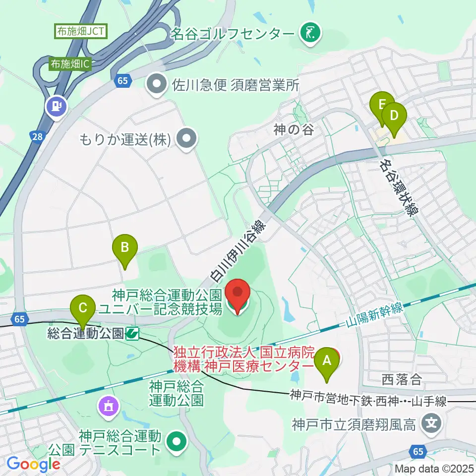 神戸総合運動公園ユニバー記念競技場周辺のファミレス・ファーストフード一覧地図