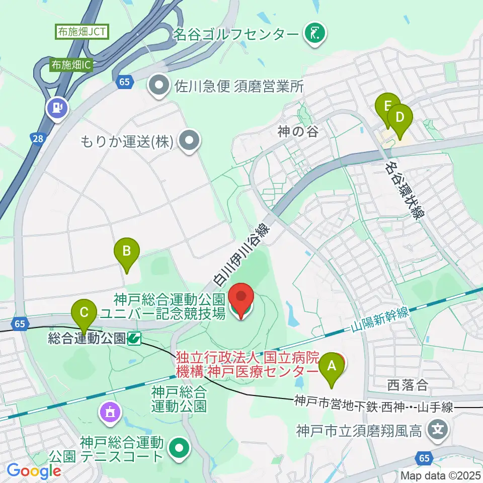 神戸総合運動公園ユニバー記念競技場周辺のファミレス・ファーストフード一覧地図