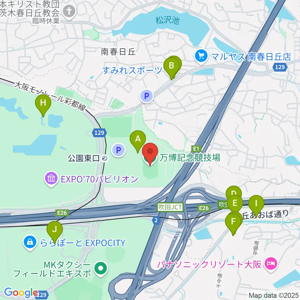 万博記念競技場周辺のファミレス・ファーストフード一覧地図