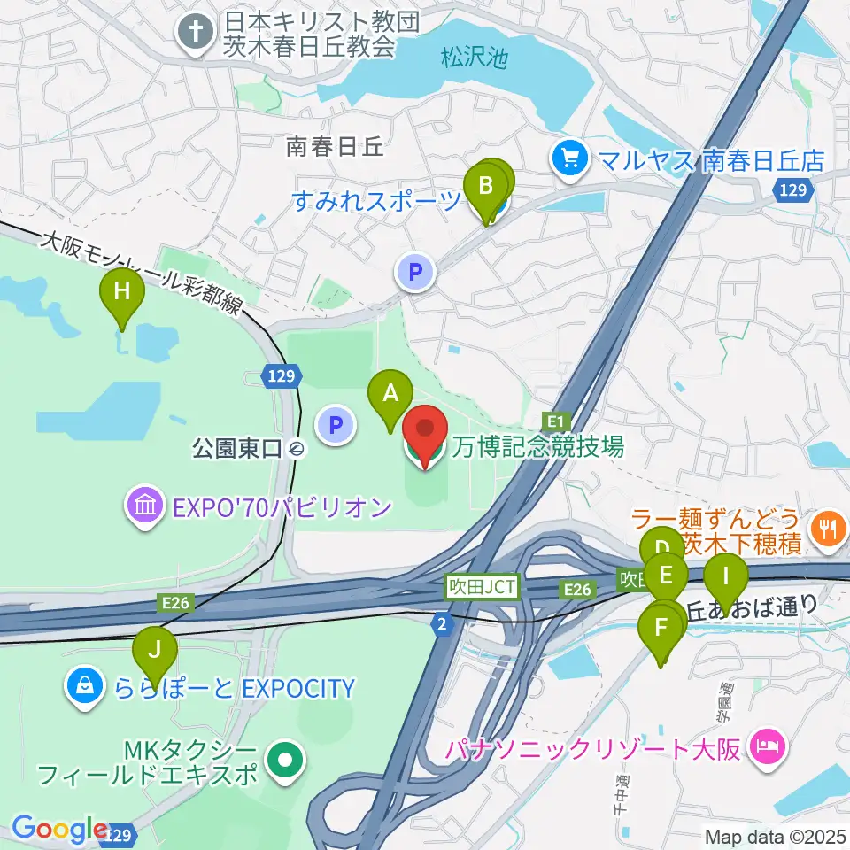 万博記念競技場周辺のファミレス・ファーストフード一覧地図