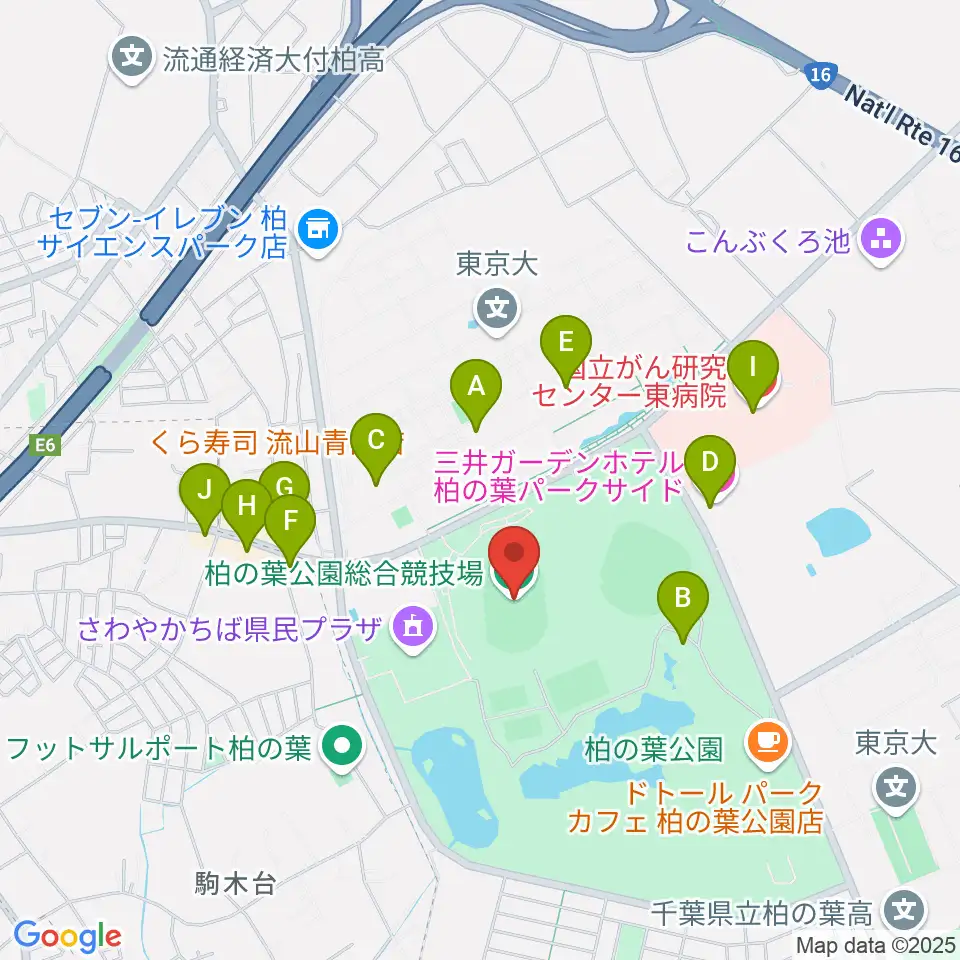 柏の葉公園総合競技場周辺のファミレス・ファーストフード一覧地図