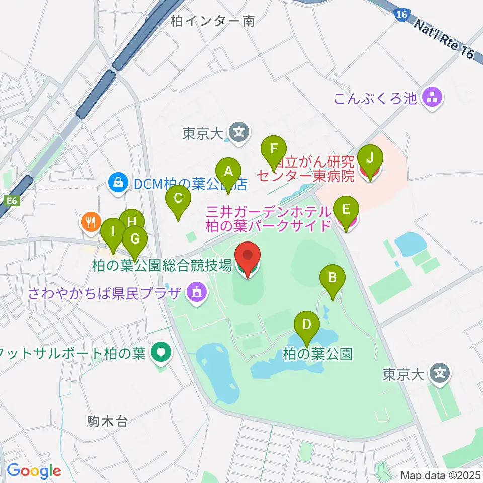柏の葉公園総合競技場周辺のファミレス・ファーストフード一覧地図
