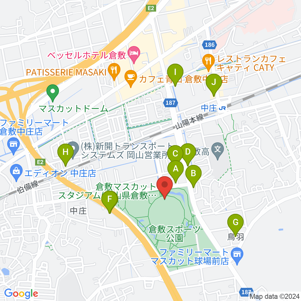 倉敷マスカットスタジアム周辺のファミレス・ファーストフード一覧地図