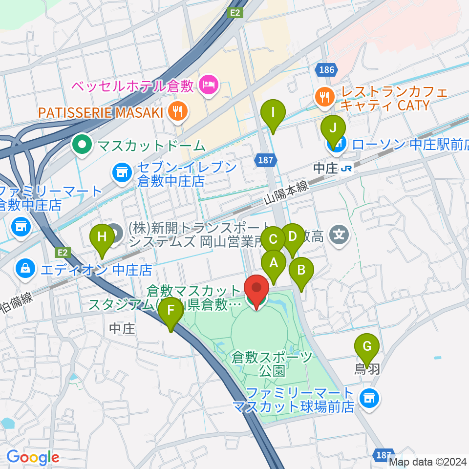 倉敷マスカットスタジアム周辺のファミレス・ファーストフード一覧地図