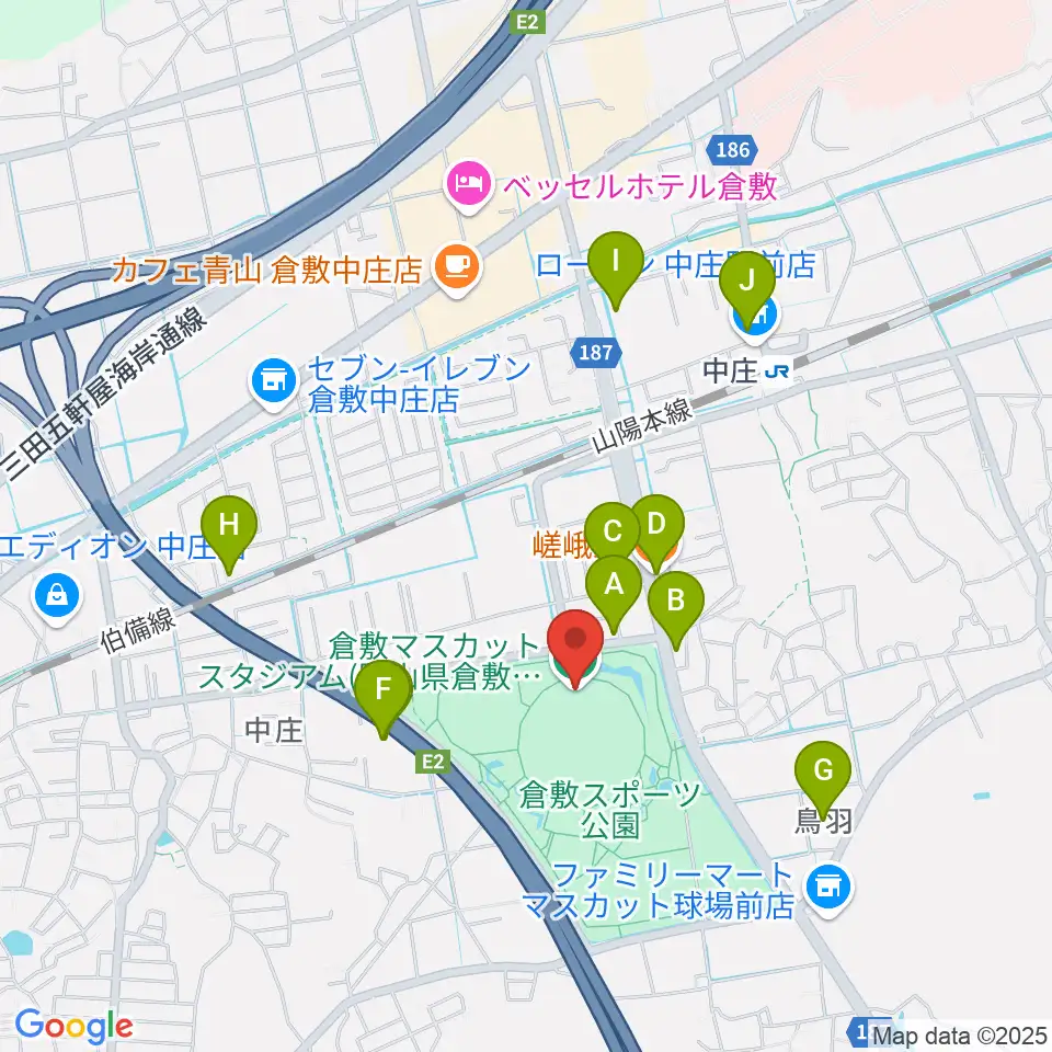 倉敷マスカットスタジアム周辺のファミレス・ファーストフード一覧地図