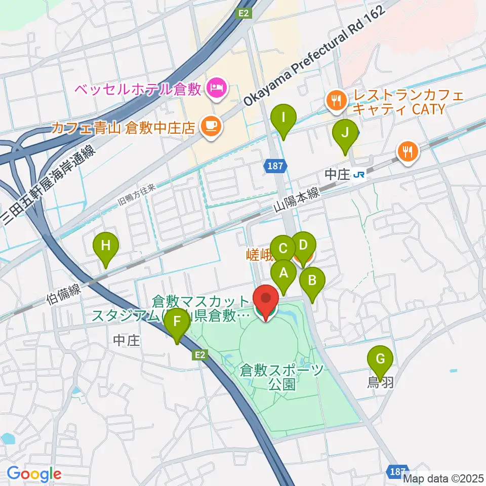 倉敷マスカットスタジアム周辺のファミレス・ファーストフード一覧地図