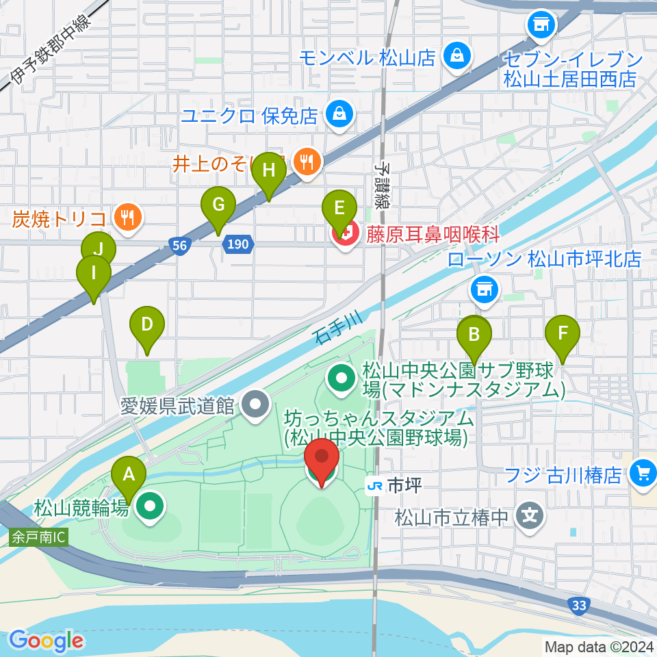 坊っちゃんスタジアム周辺のファミレス・ファーストフード一覧地図