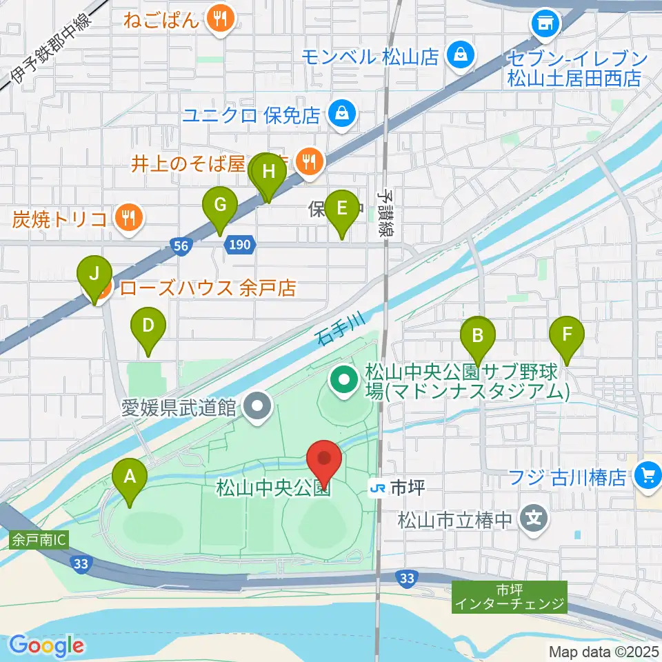 坊っちゃんスタジアム周辺のファミレス・ファーストフード一覧地図