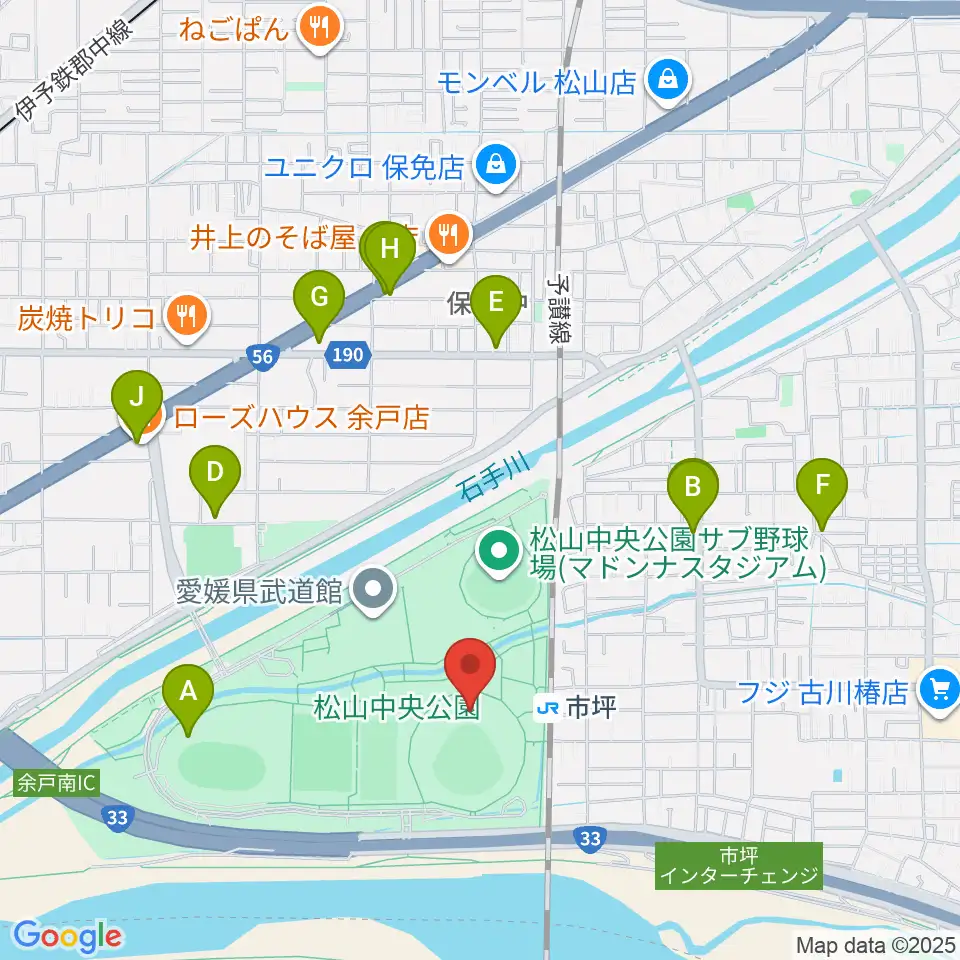 坊っちゃんスタジアム周辺のファミレス・ファーストフード一覧地図