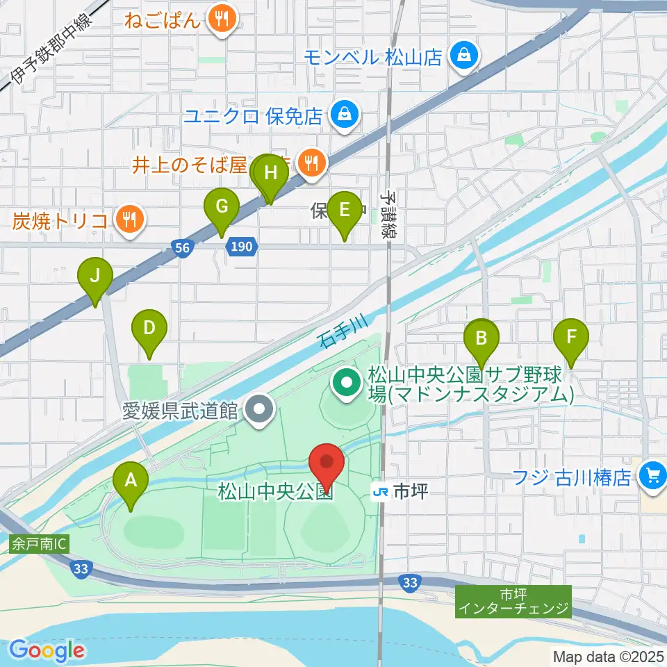 坊っちゃんスタジアム周辺のファミレス・ファーストフード一覧地図