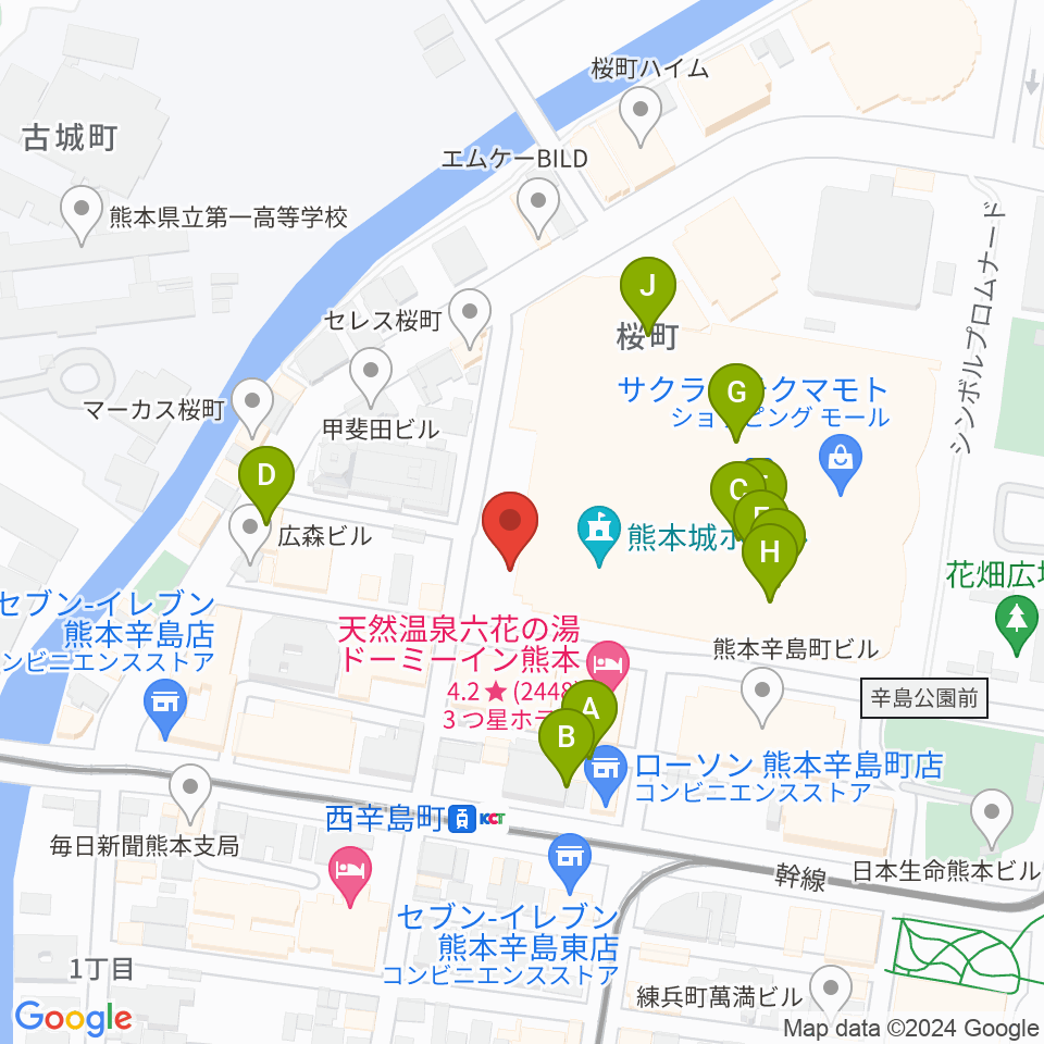 熊本城ホール周辺のファミレス・ファーストフード一覧地図