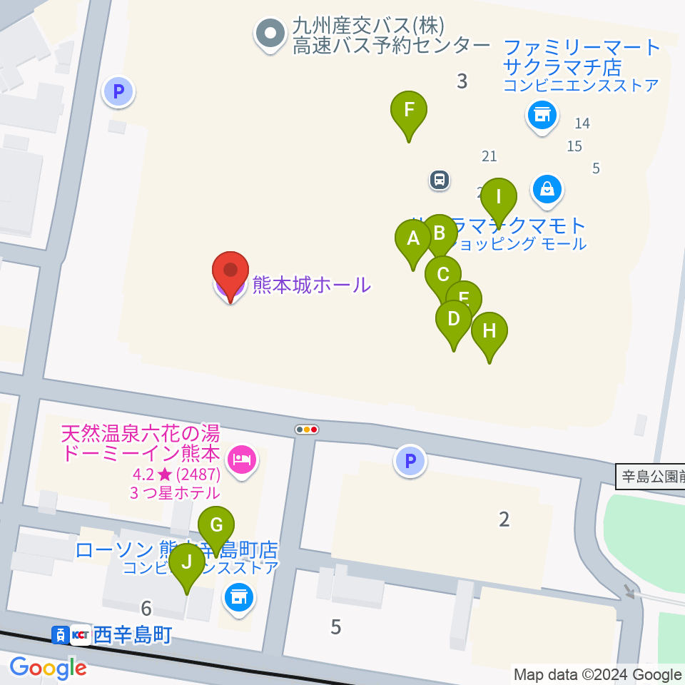 熊本城ホール周辺のファミレス・ファーストフード一覧地図