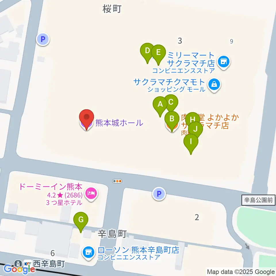 熊本城ホール周辺のファミレス・ファーストフード一覧地図