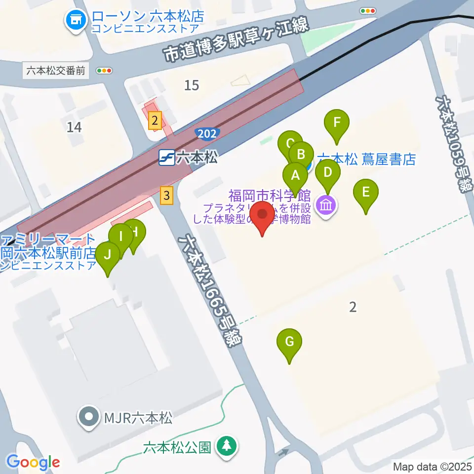 福岡市科学館周辺のファミレス・ファーストフード一覧地図