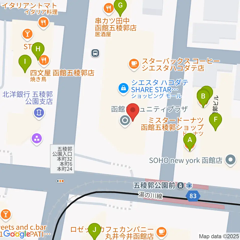 Gスクエア（函館コミュニティプラザ）周辺のファミレス・ファーストフード一覧地図