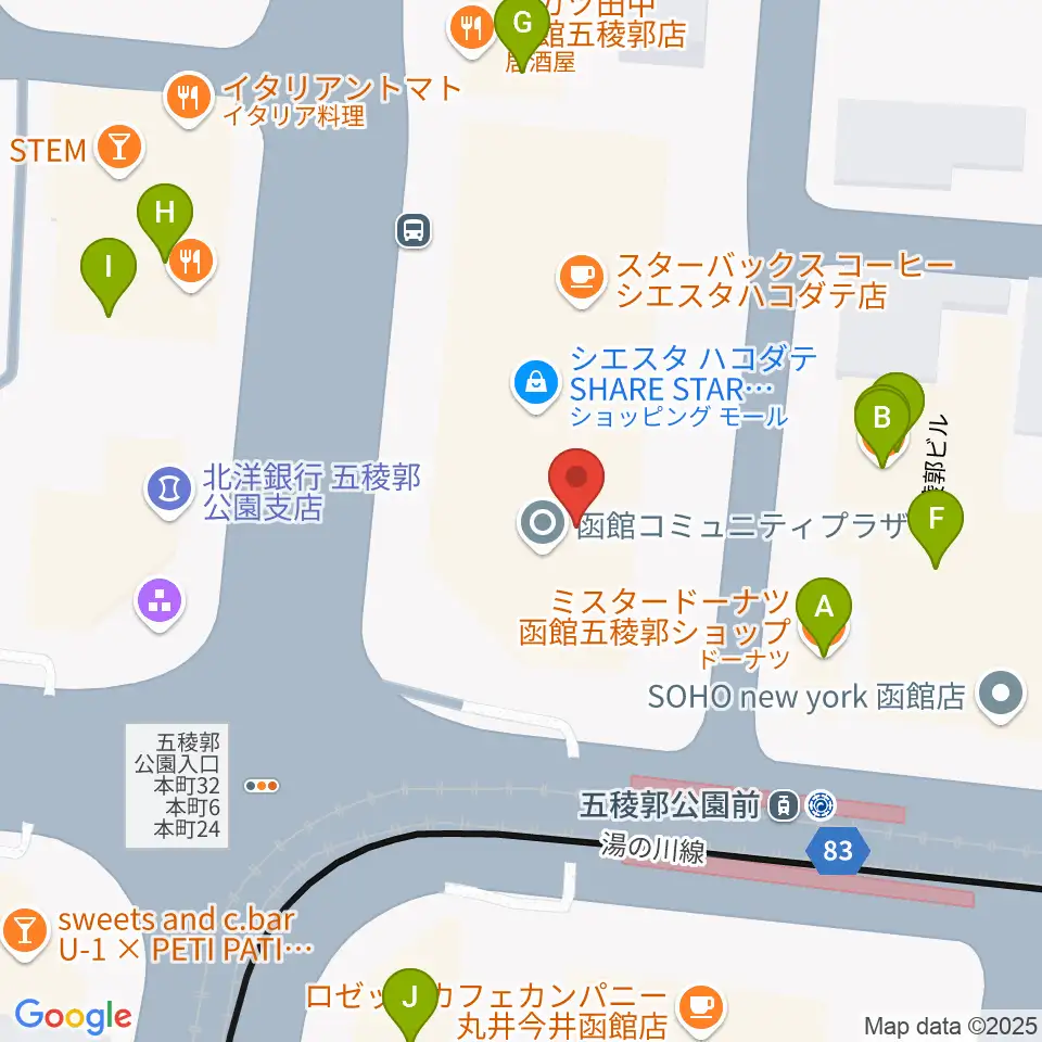 Gスクエア（函館コミュニティプラザ）周辺のファミレス・ファーストフード一覧地図
