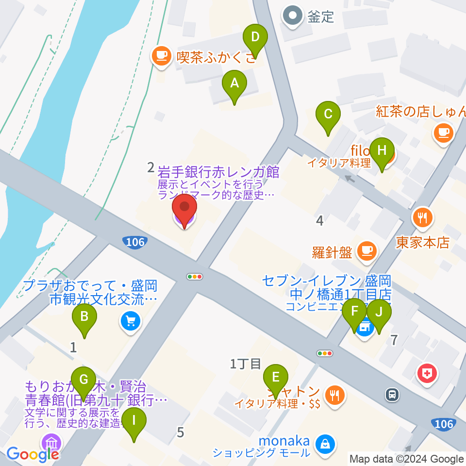 岩手銀行赤レンガ館周辺のファミレス・ファーストフード一覧地図