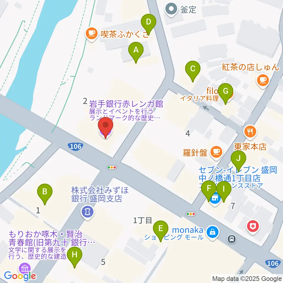 岩手銀行赤レンガ館周辺のファミレス・ファーストフード一覧地図