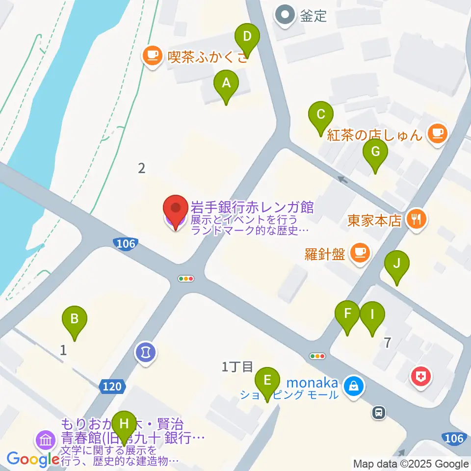 岩手銀行赤レンガ館周辺のファミレス・ファーストフード一覧地図
