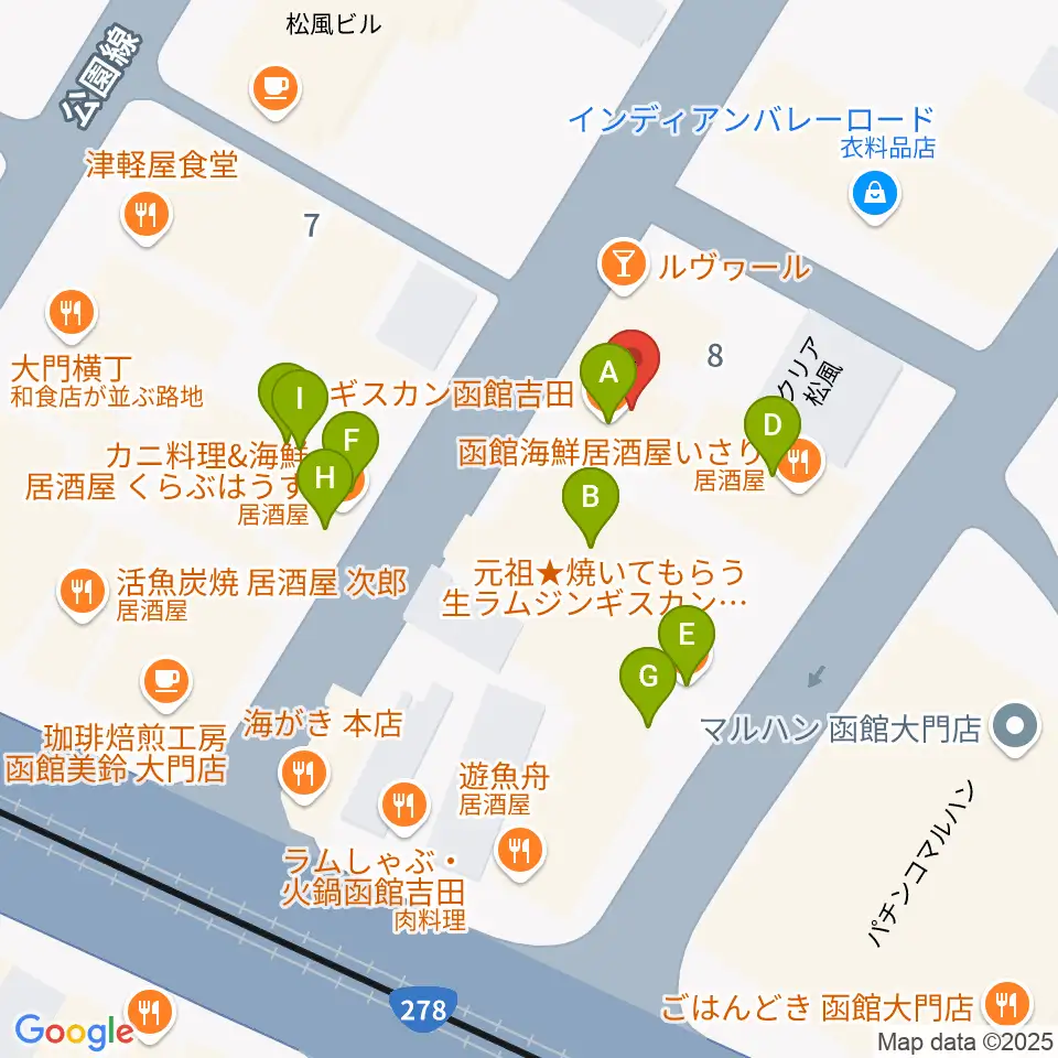 函館あうん堂ホール周辺のファミレス・ファーストフード一覧地図