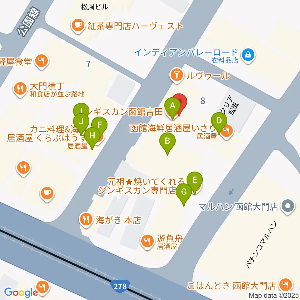 函館あうん堂ホール周辺のファミレス・ファーストフード一覧地図
