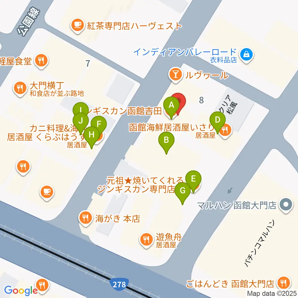 函館あうん堂ホール周辺のファミレス・ファーストフード一覧地図