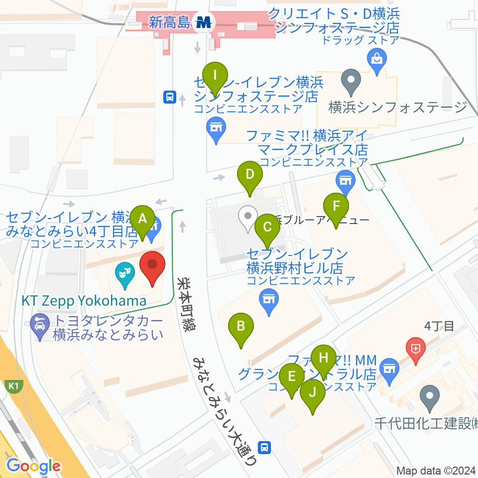 KT Zepp横浜周辺のファミレス・ファーストフード一覧地図