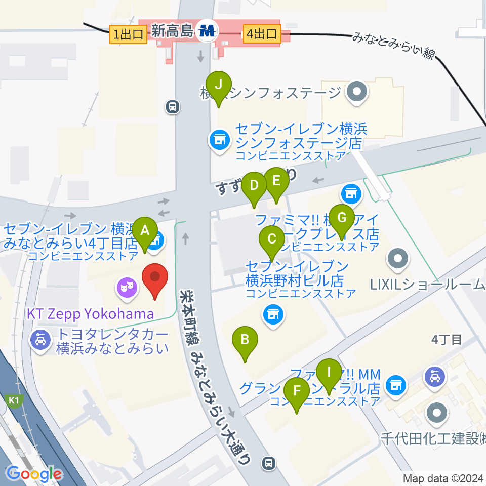 KT Zepp横浜周辺のファミレス・ファーストフード一覧地図