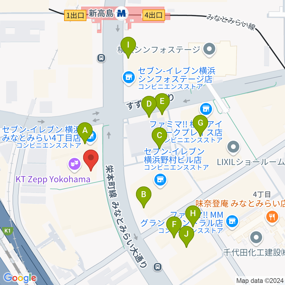 KT Zepp横浜周辺のファミレス・ファーストフード一覧地図