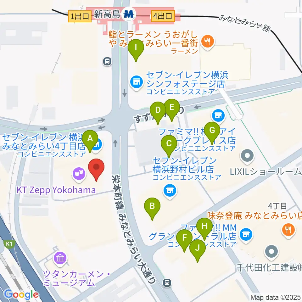 KT Zepp横浜周辺のファミレス・ファーストフード一覧地図