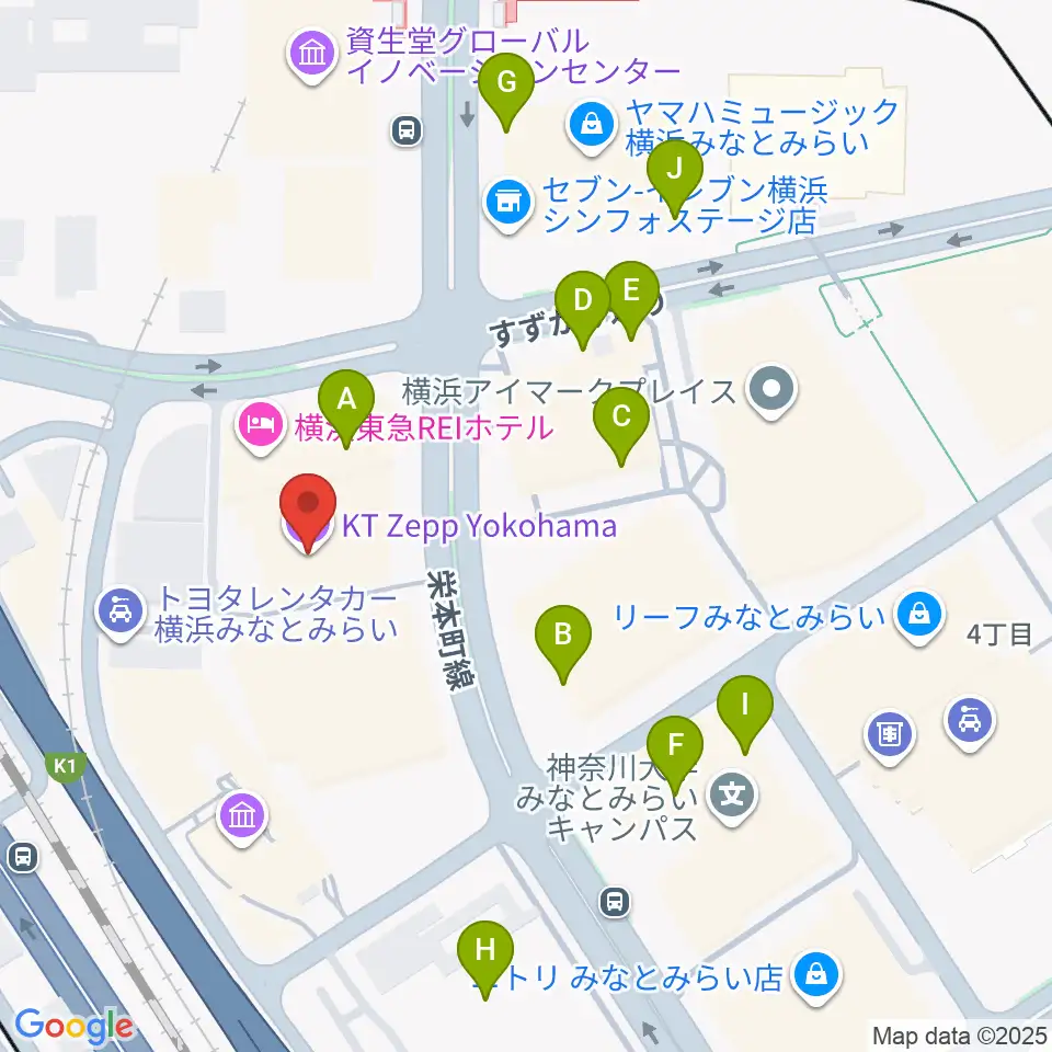 KT Zepp横浜周辺のファミレス・ファーストフード一覧地図