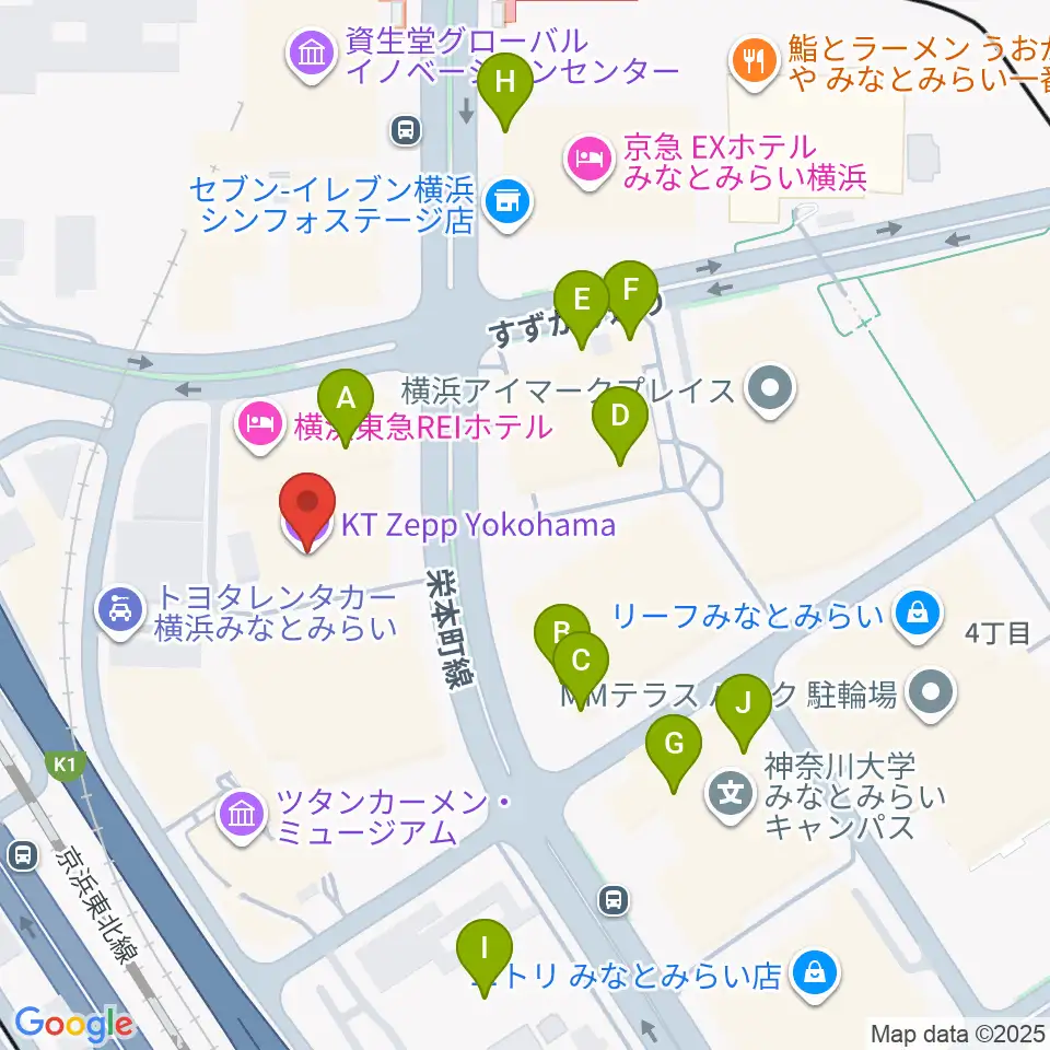 KT Zepp横浜周辺のファミレス・ファーストフード一覧地図