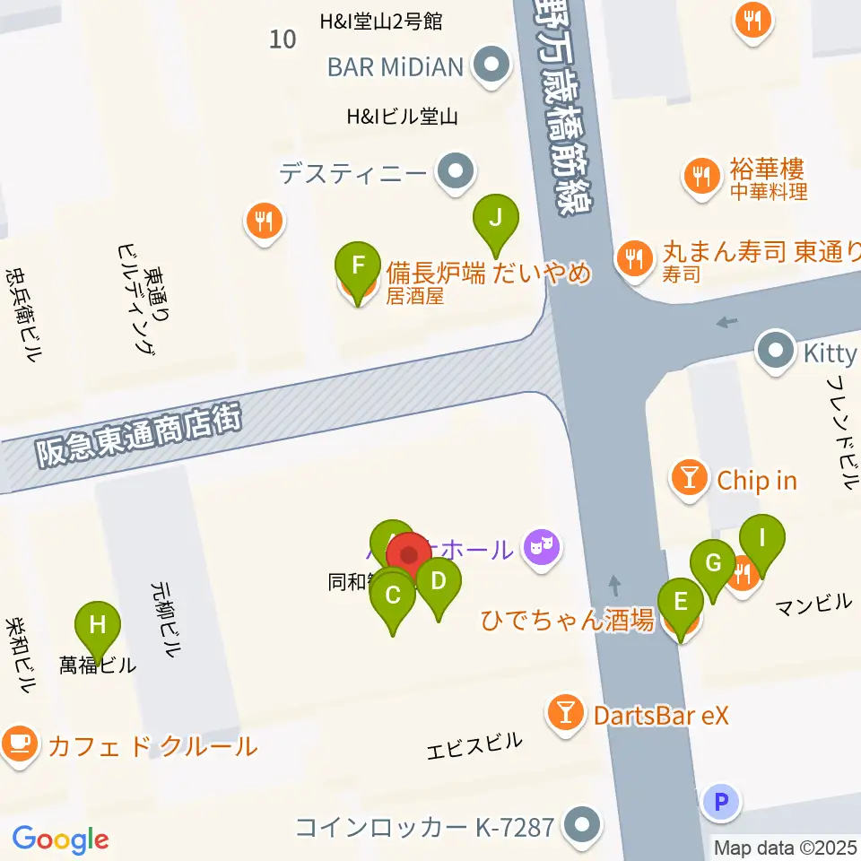 梅田バナナホール周辺のファミレス・ファーストフード一覧地図