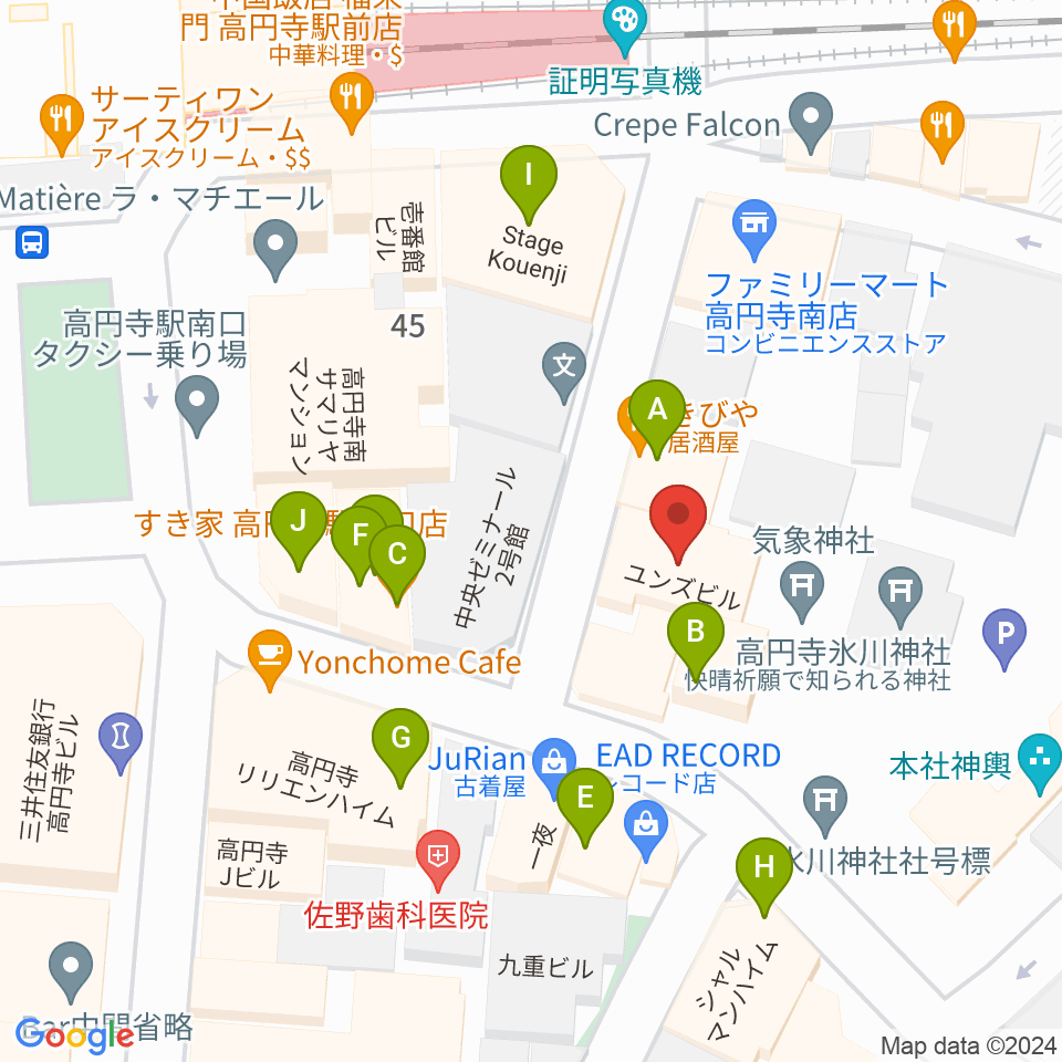 アトリエファンファーレ高円寺周辺のファミレス・ファーストフード一覧地図