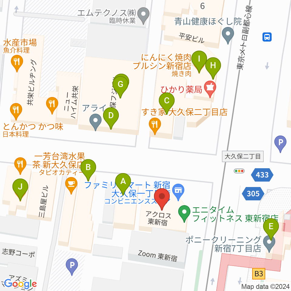 アトリエファンファーレ東新宿周辺のファミレス・ファーストフード一覧地図