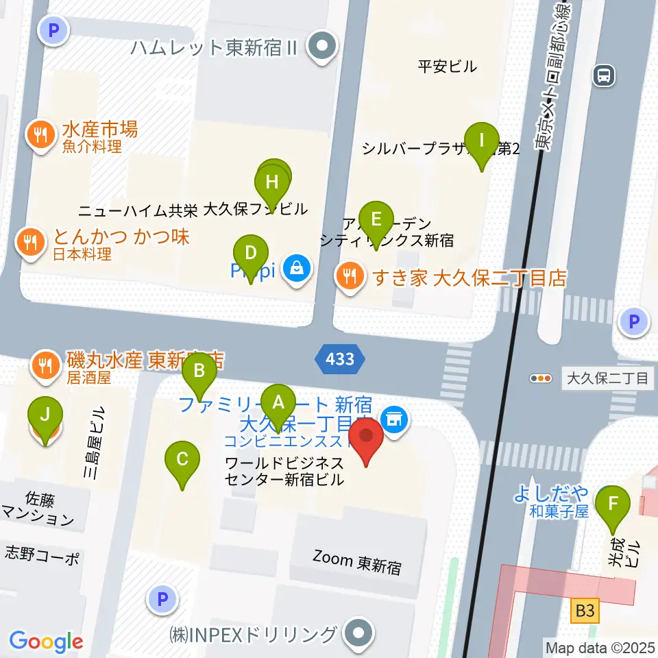 アトリエファンファーレ東新宿周辺のファミレス・ファーストフード一覧地図