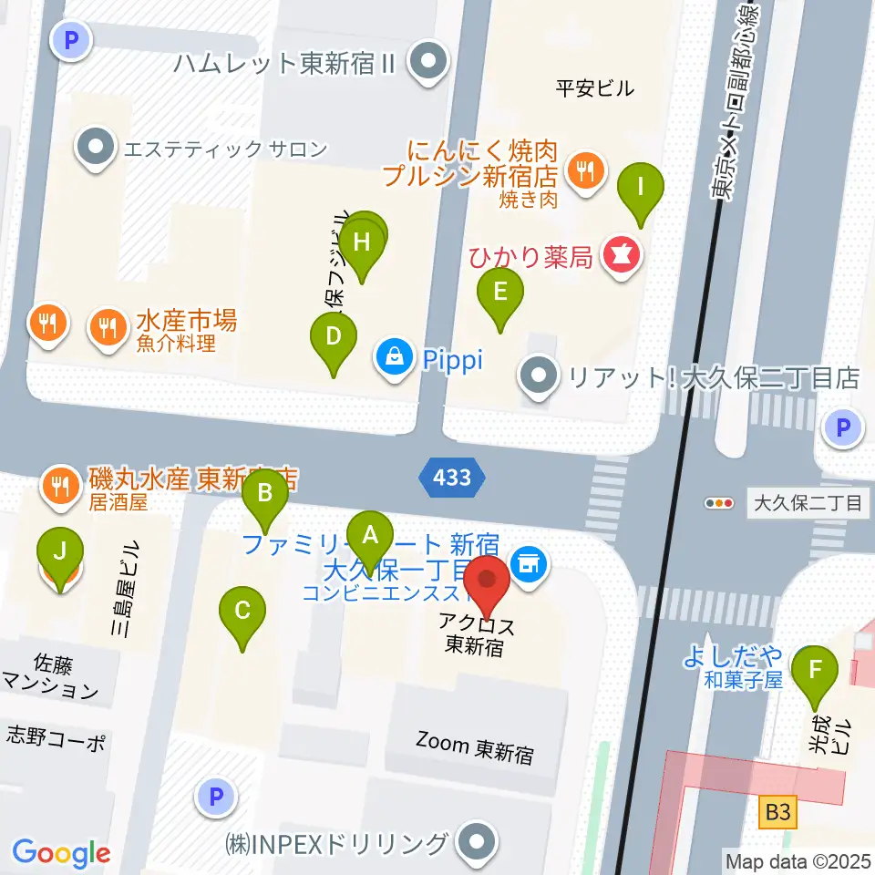 アトリエファンファーレ東新宿周辺のファミレス・ファーストフード一覧地図