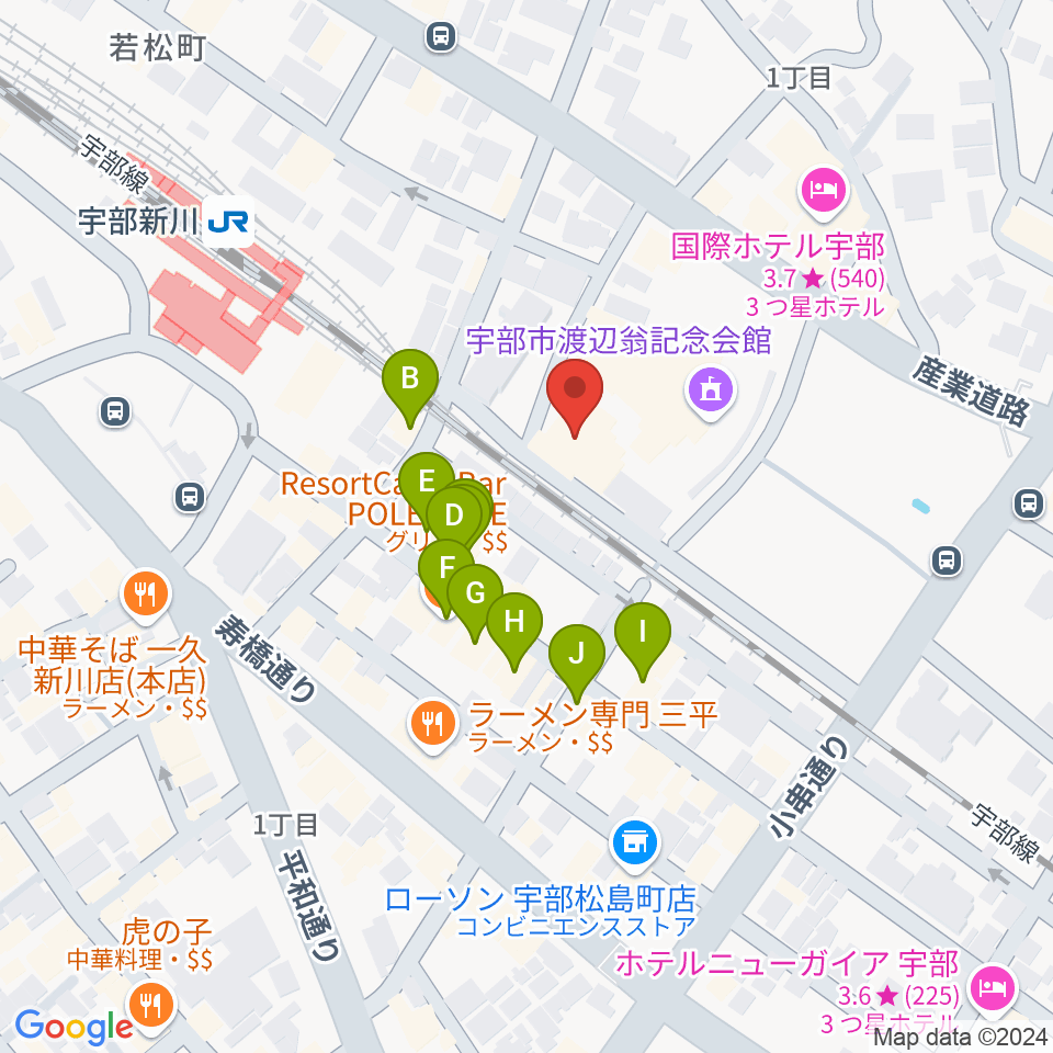 宇部市文化会館周辺のファミレス・ファーストフード一覧地図