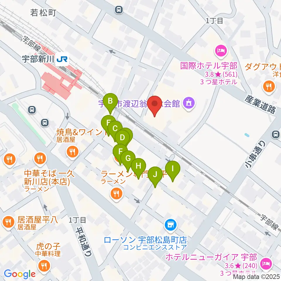 宇部市文化会館周辺のファミレス・ファーストフード一覧地図